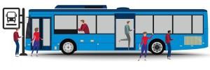 Bus with people boarding and alighting