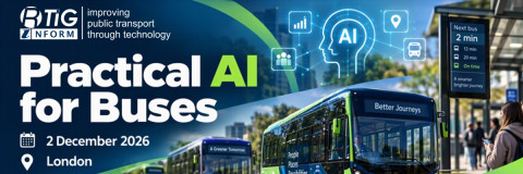 green buses with bus stop with real time display and an outline of a persons head with the text AI in the middle.