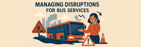 Orange bus with roadworks sign and distressed looking woman