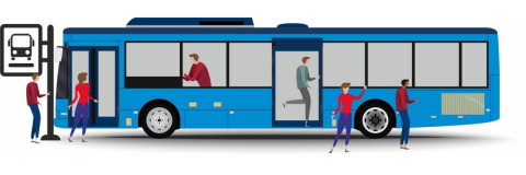 blue bus with passengers alighting and boarding