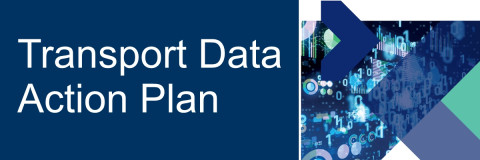 Blue background with Transport Data Action Plan text and 'digital' imagery of 1 and 0's